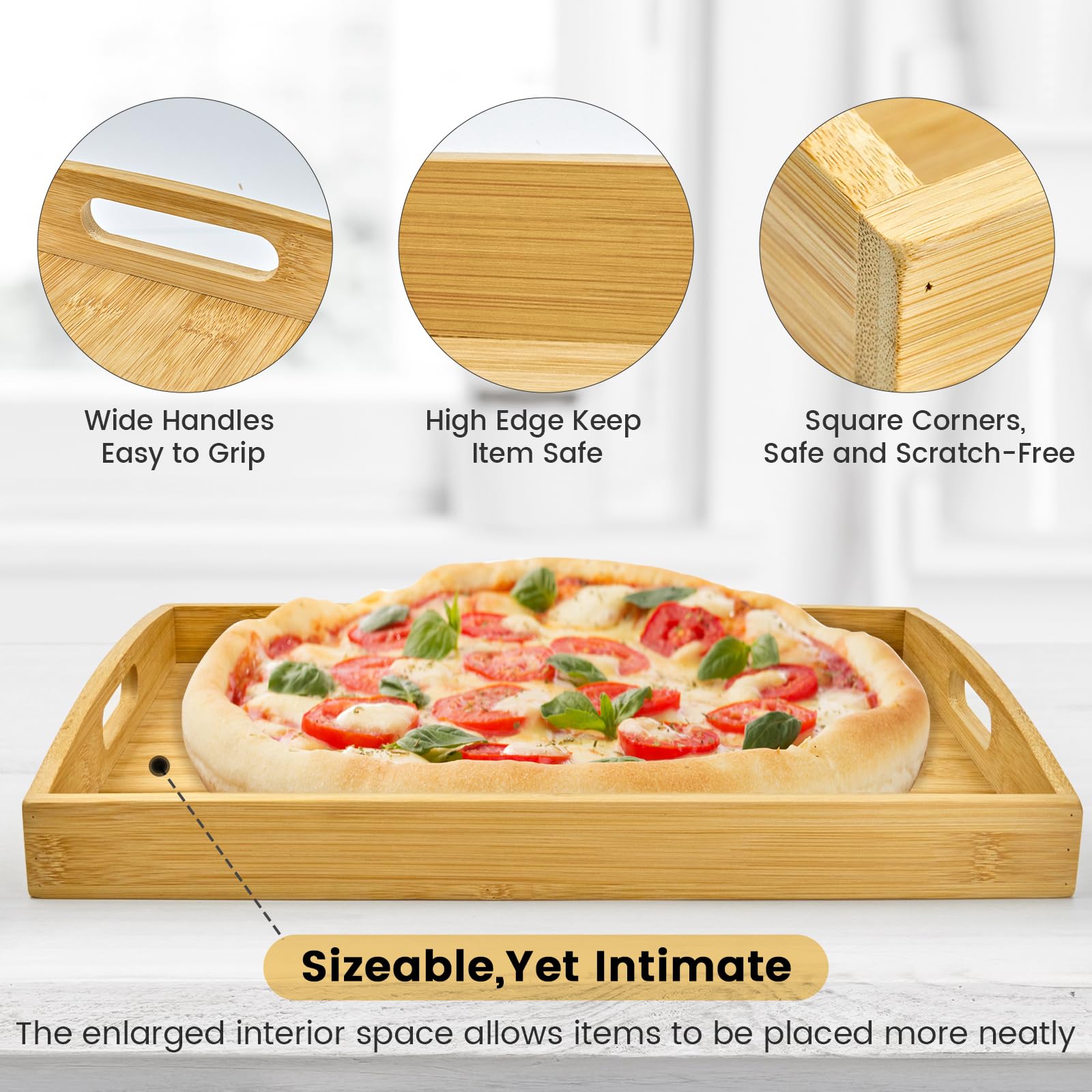 BABONIE bamboo serving tray with handles, ergonomic grip for easy transport.
