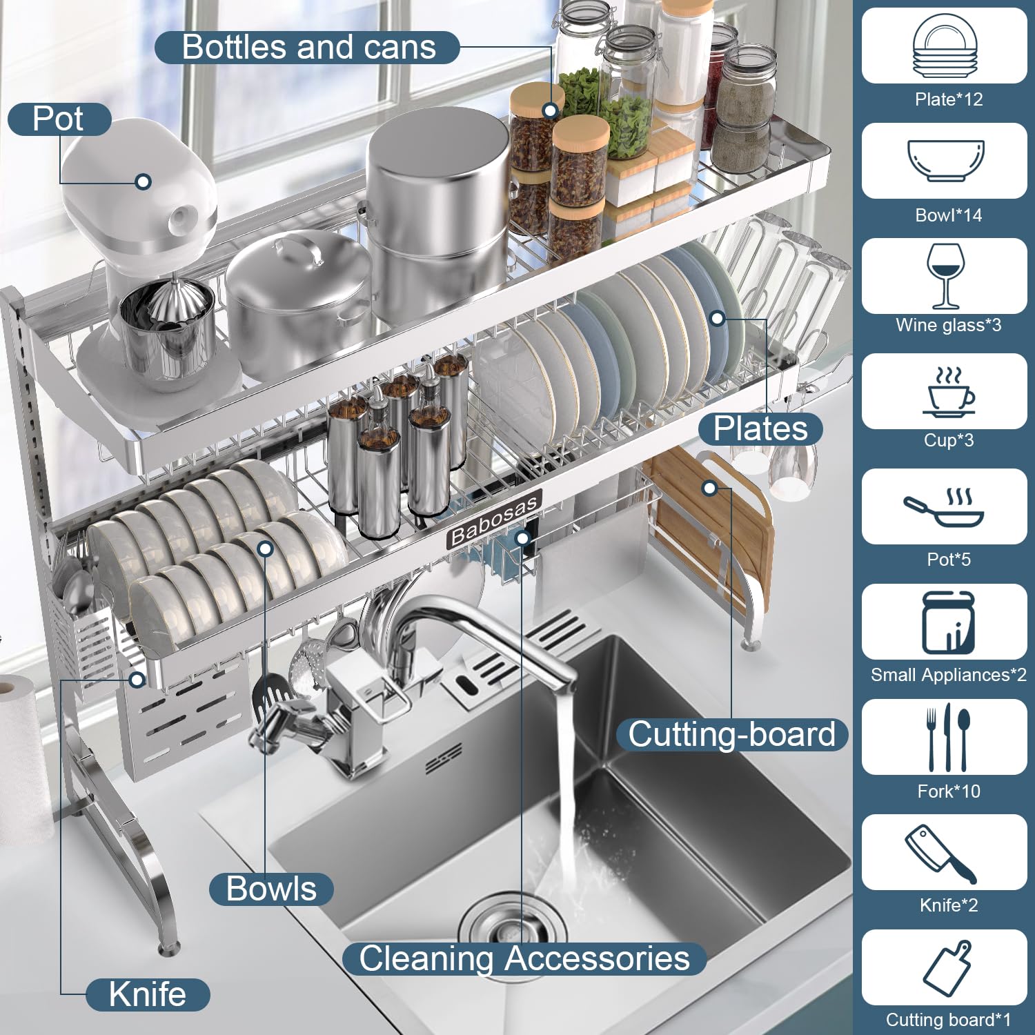 Babosas adjustable height racks accommodate tall faucets and double sinks
