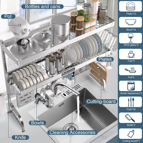 Babosas adjustable height racks accommodate tall faucets and double sinks