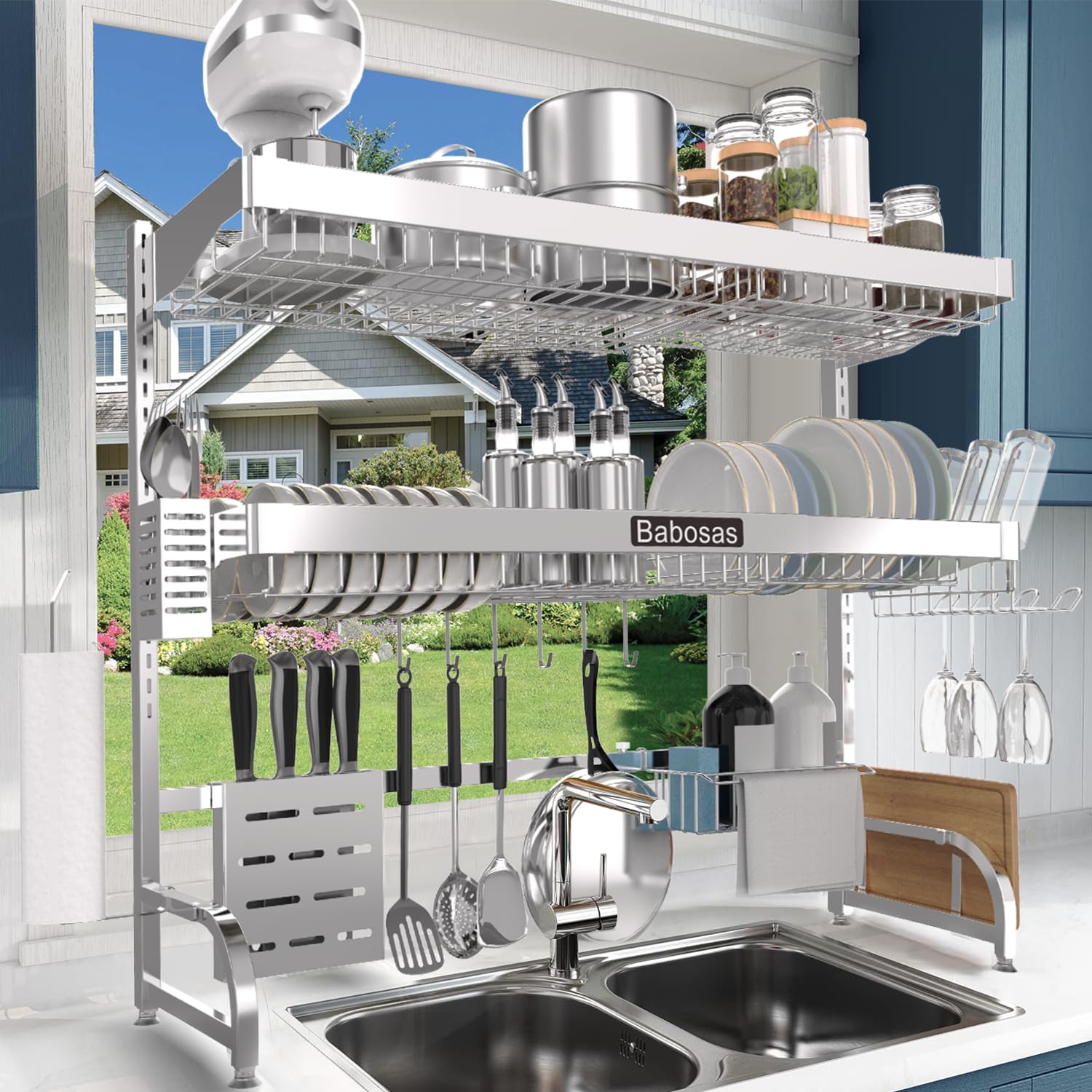 Babosas over-sink dish drying rack extending to fit a wider sink