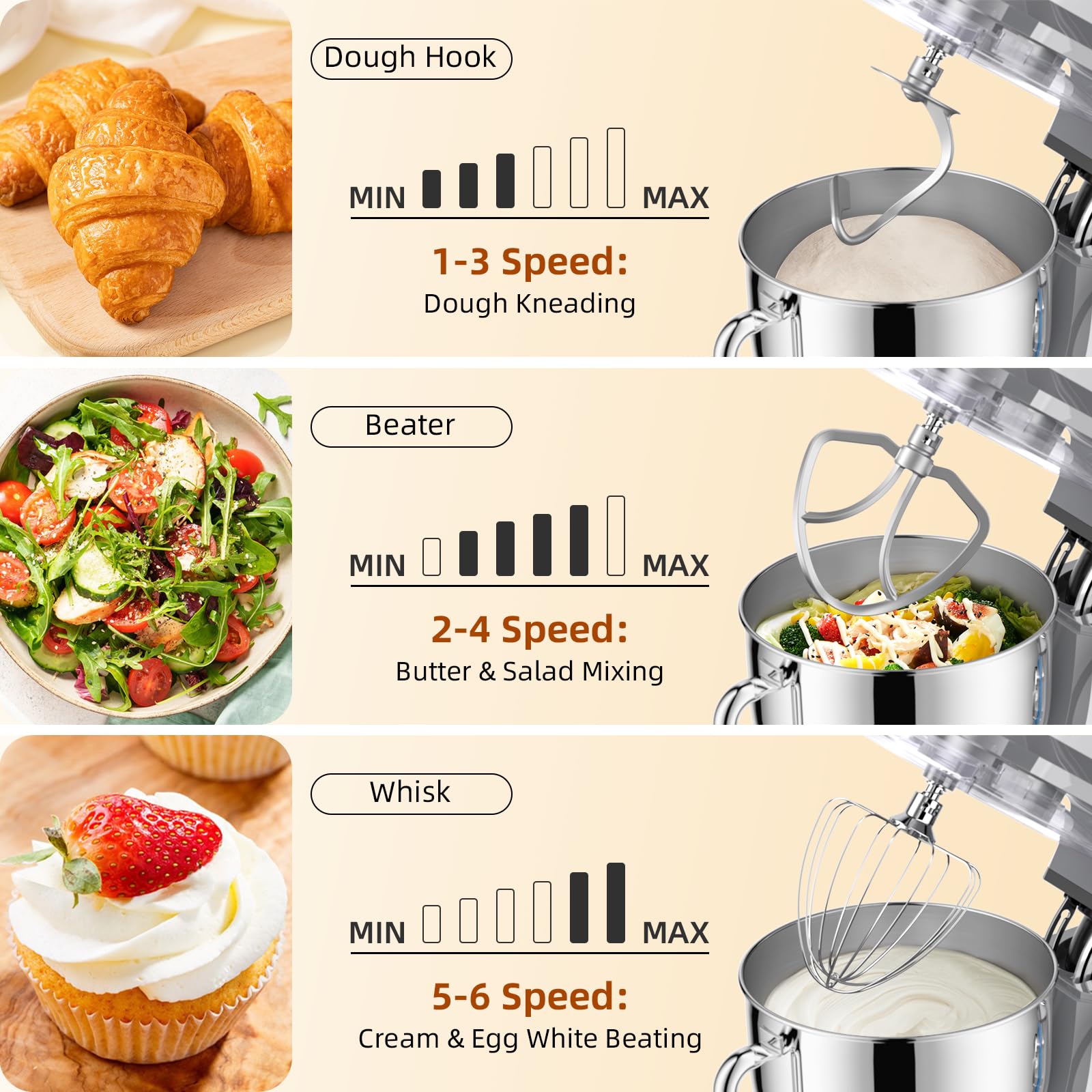 Babroun mixer shown with 6 speeds and pulse control for versatile textures