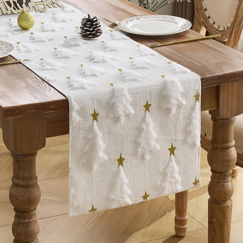 Baccessor winter white table runner with 3D tufting adds depth.