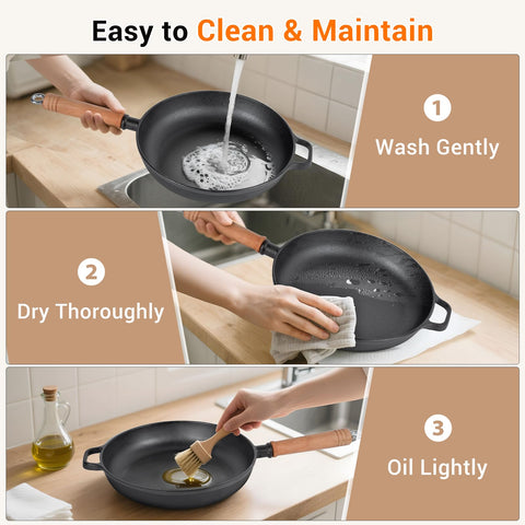 Bachdomc durable cast iron withstands oven use up to 500 F.