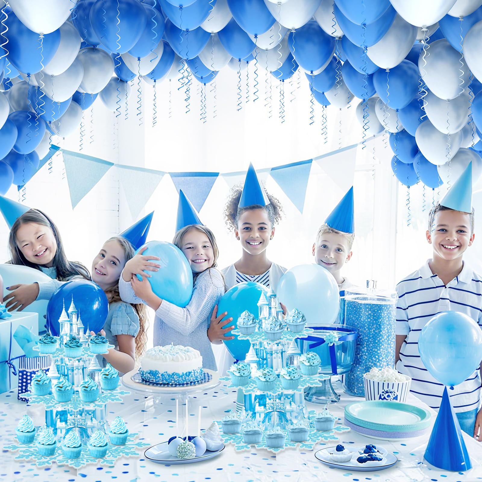 BACUTHY topper-friendly stand complements Frozen-themed celebrations with elegant castle vibes