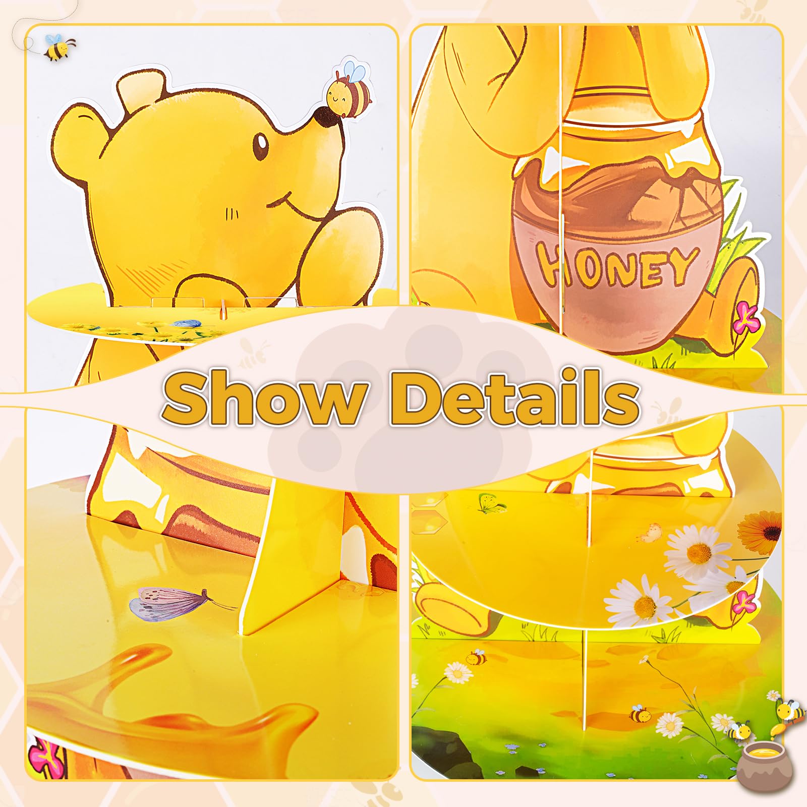 BACUTHY Winnie gender reveal party display with bear-themed dessert stands