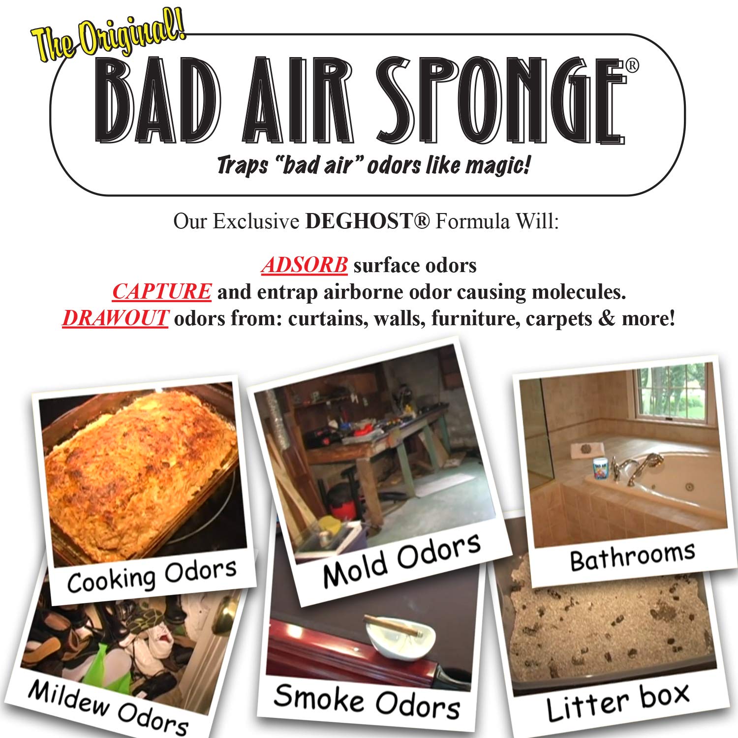 Bad Air Sponge 2lb container blue in-room usage showing effective odor remediation.