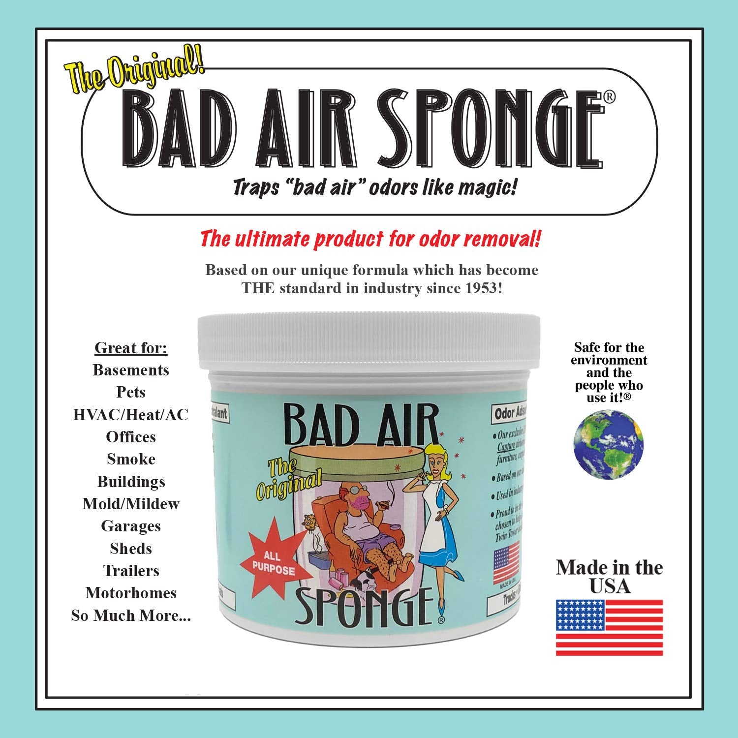 Bad Air Sponge 2lb container blue, open jar demonstrating easy odor neutralization.
