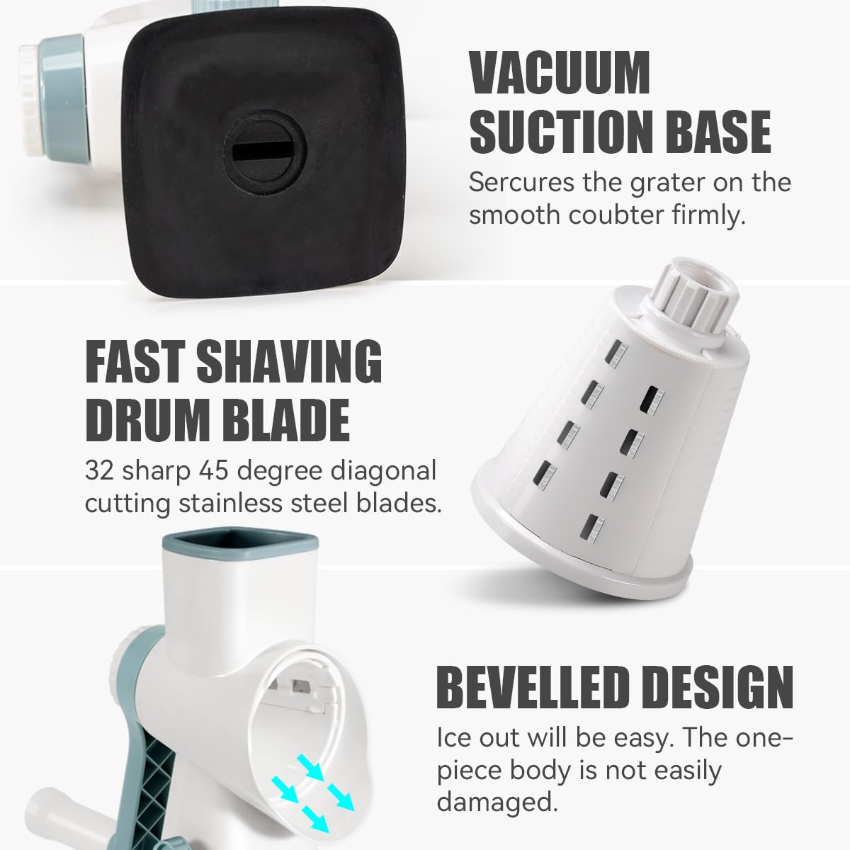 Badelite hand crank operation makes shaving simple and even.
