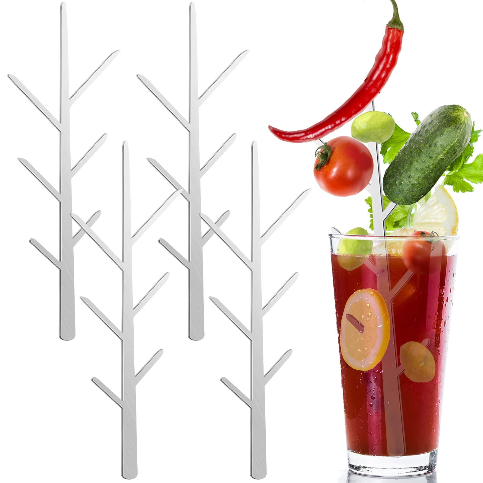 Baderke Bloody Mary tree branch skewers add decorative height to tall glasses.