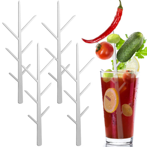 Baderke Bloody Mary tree branch skewers add decorative height to tall glasses.