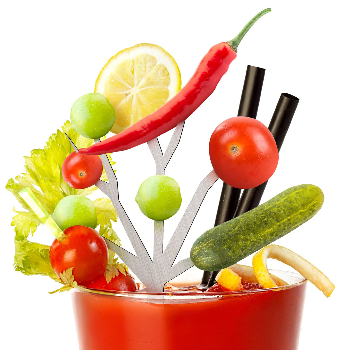 Baderke Bloody Mary tree-branches skewers elevate drink presentation with durable stainless steel.