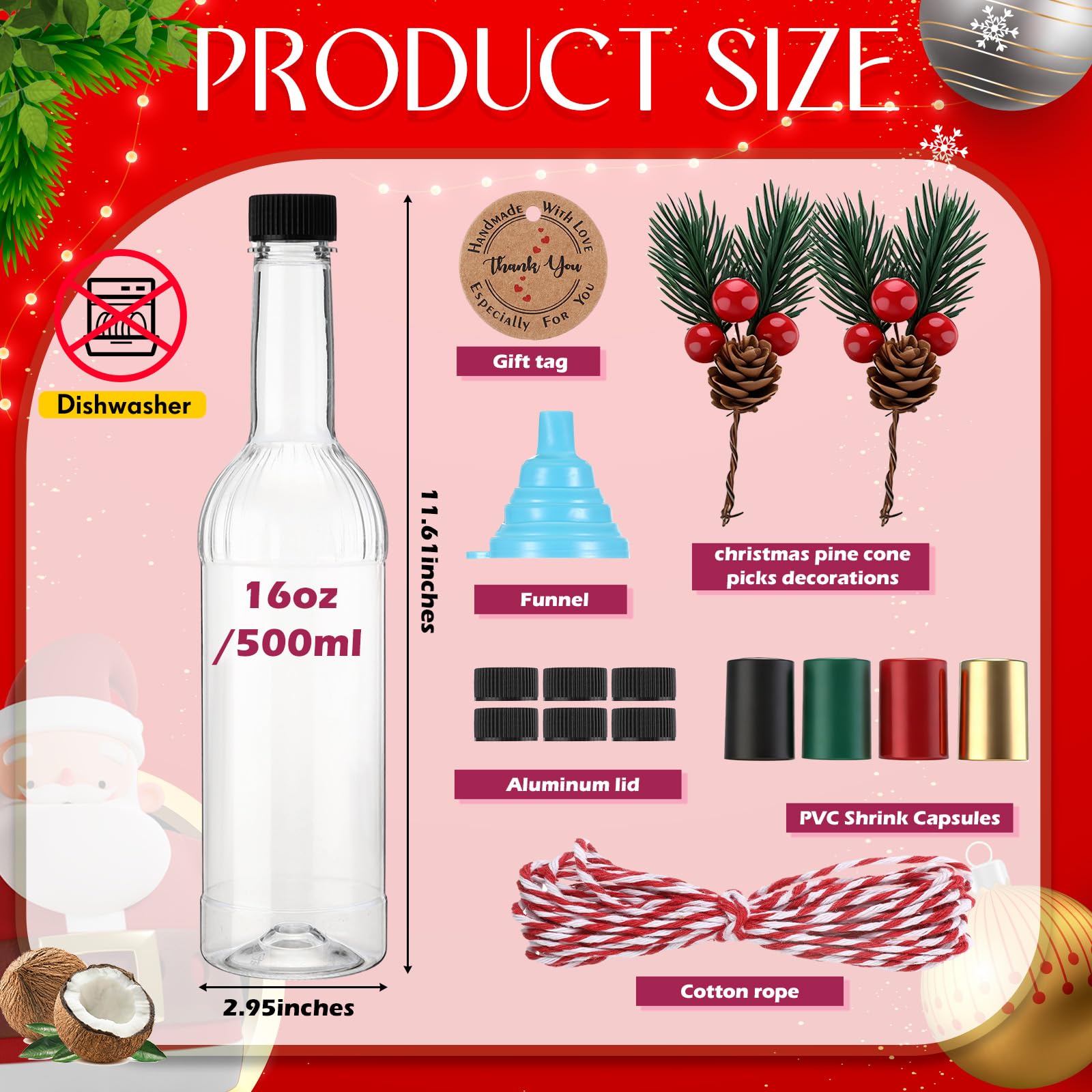 Baderke pine cone picks decorate Christmas bottles.