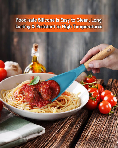 Badiano matte silicone spoon in khaki and turquoise adds style to cooking.