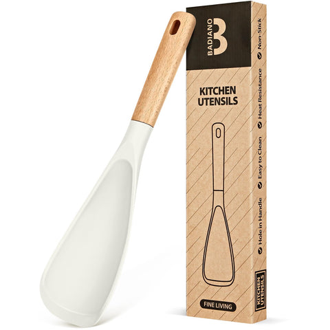 Badiano cooking spoon with wooden handle and white silicone head, gentle on nonstick surfaces.