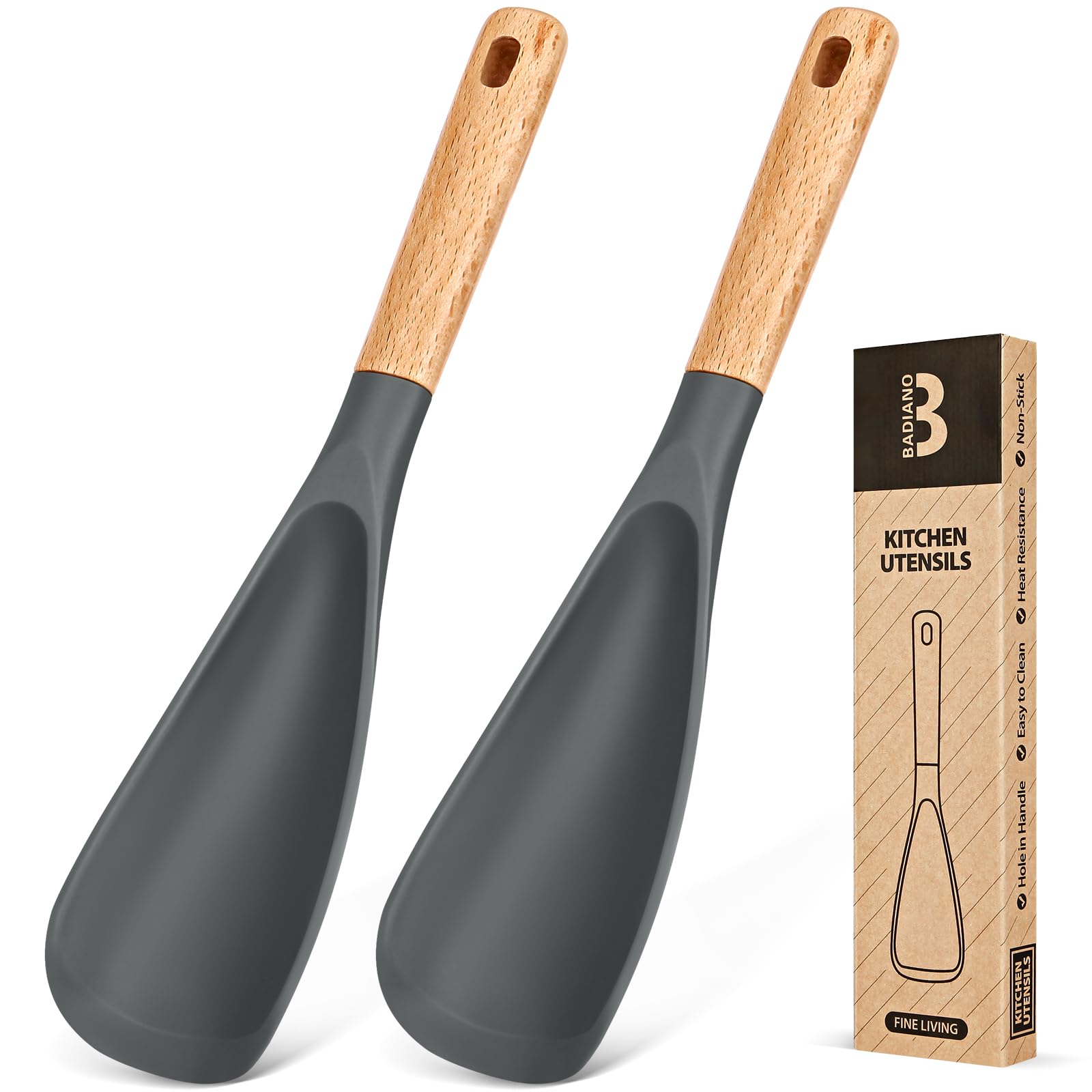 Badiano silicone cooking spoon with grey matte finish and wood handle, heat-resistant for high-heat stirring