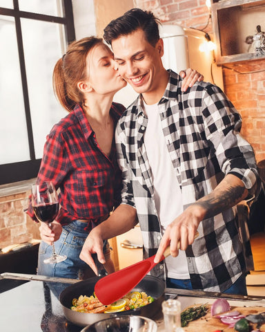 Badiano heat-resistant silicone spoon used near high-heat sautéing.