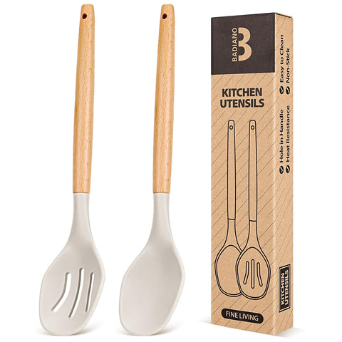 Badiano large silicone solid spoon with wood handle for cooking and serving