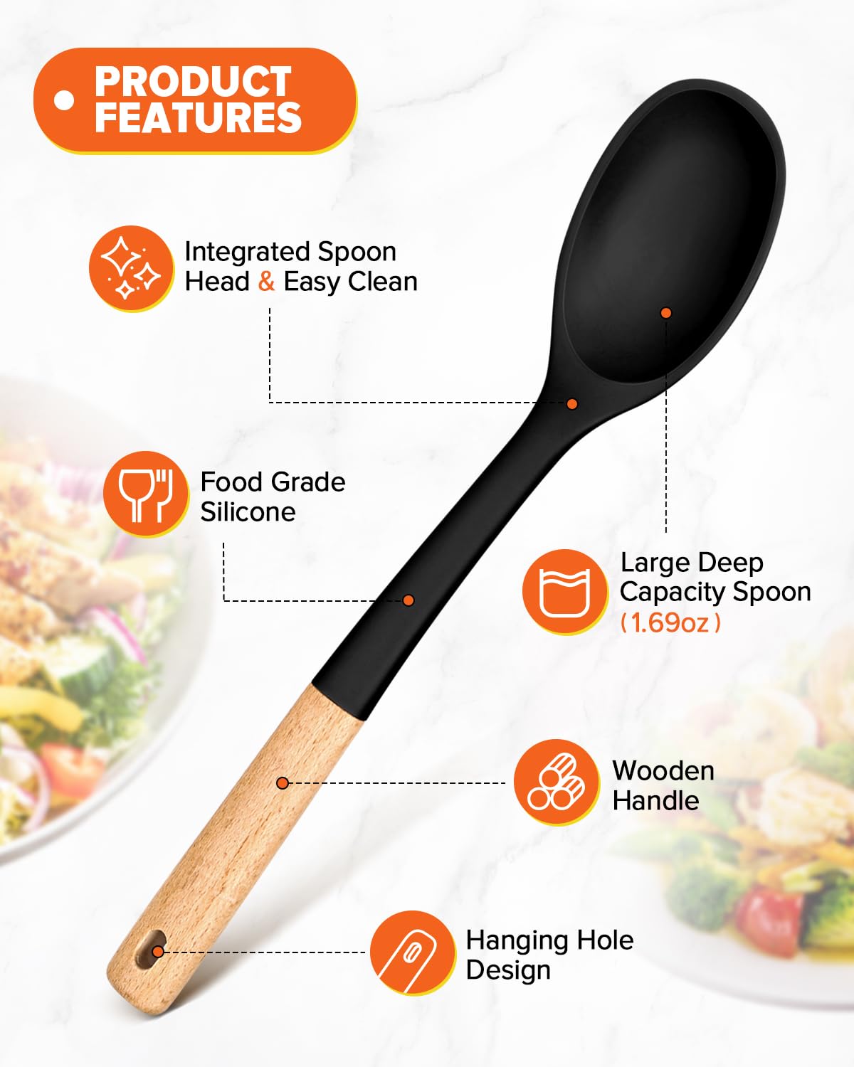 Badiano silicone spoon features a slotted design to drain liquids while serving.