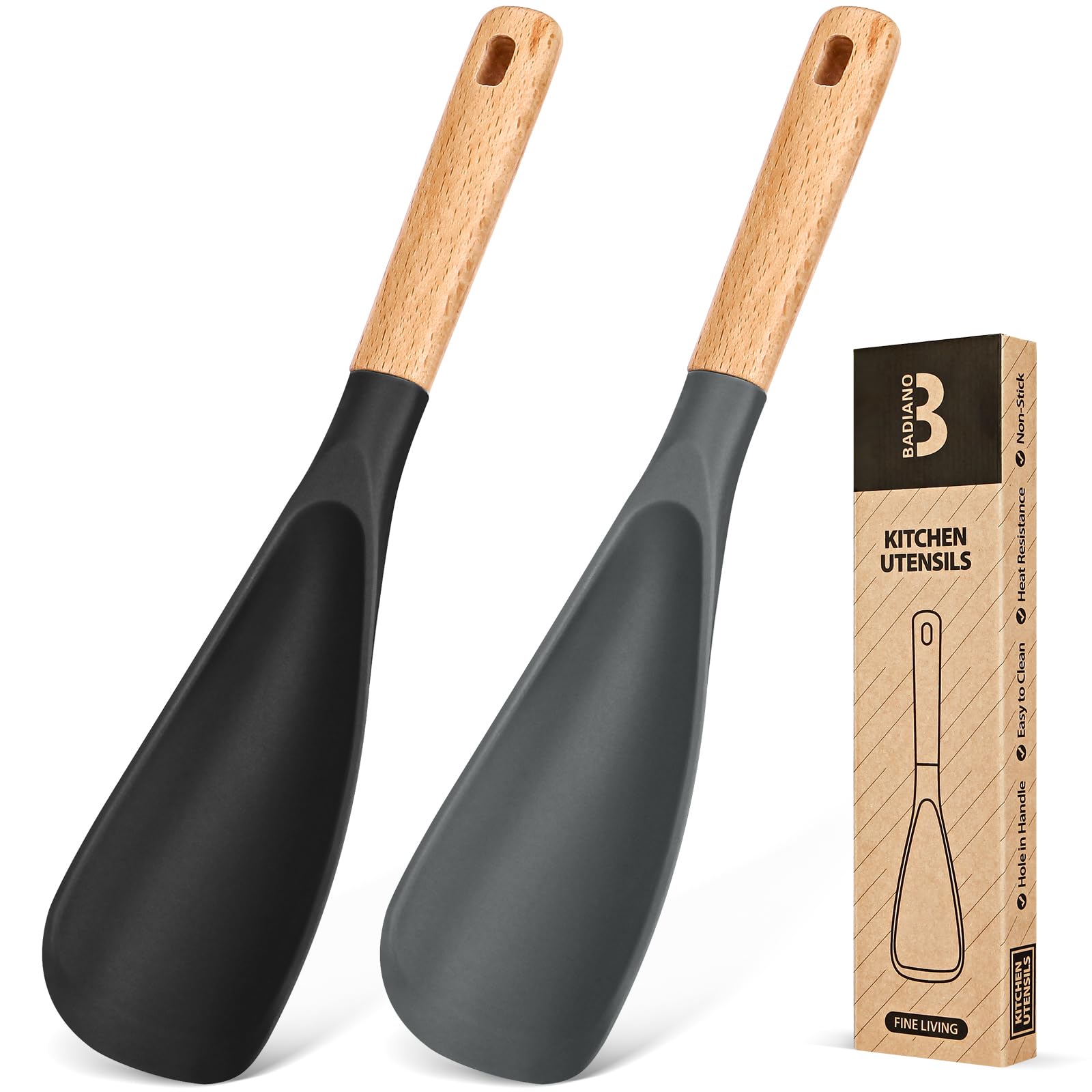 Badiano silicone cooking spoon with wood handle for comfortable stirring in nonstick cookware.