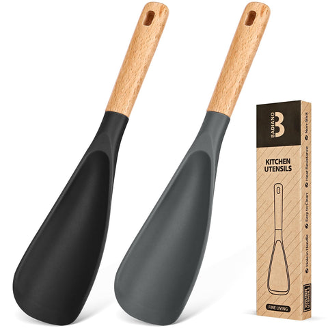 Badiano silicone cooking spoon with wood handle for comfortable stirring in nonstick cookware.