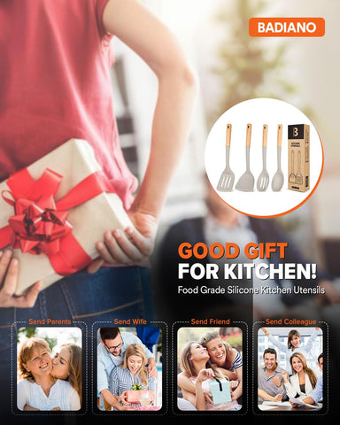 Badiano khaki silicone utensils set ready for easy countertop use.