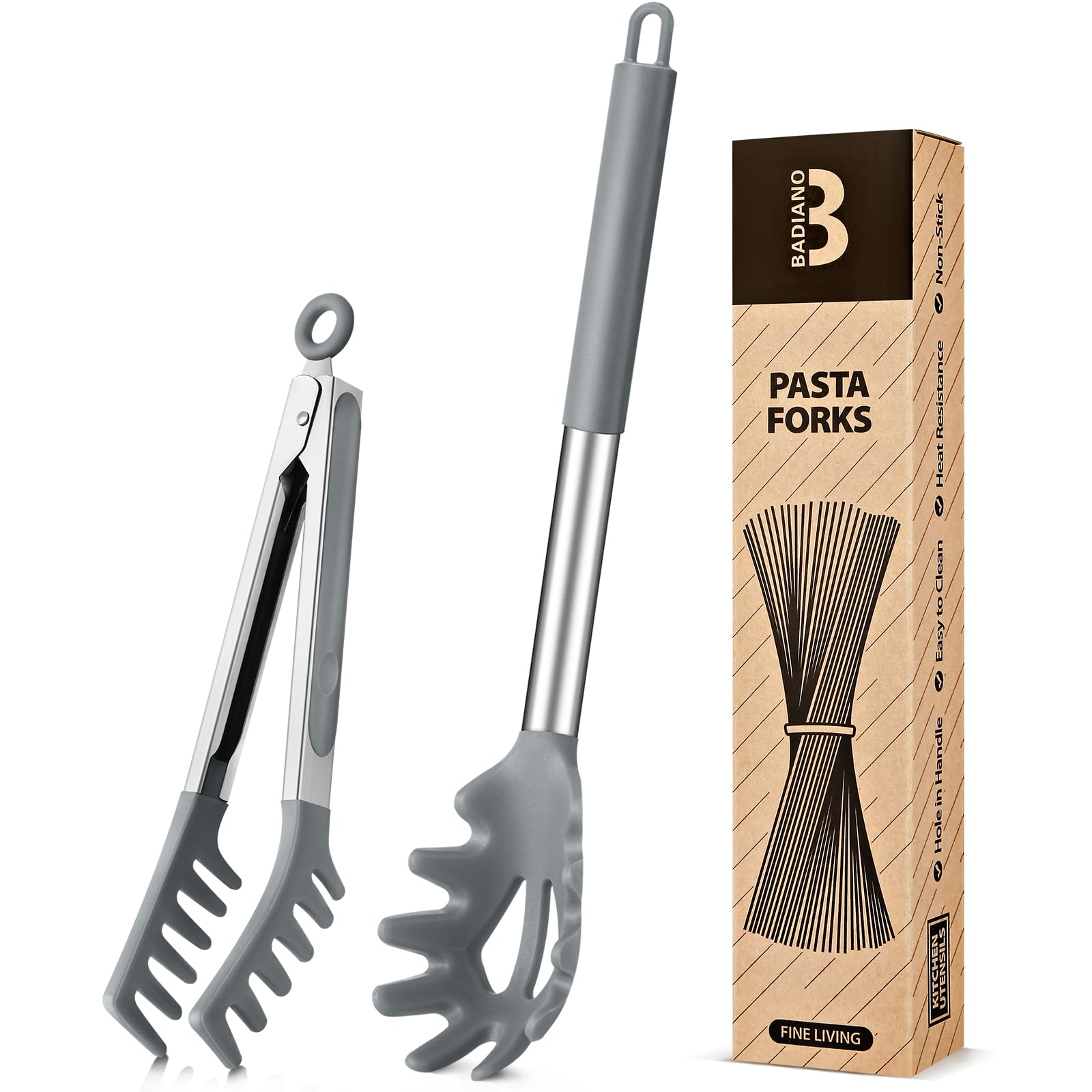 Badiano silicone pasta tong with teeth for effortless spaghetti pickup and serving.