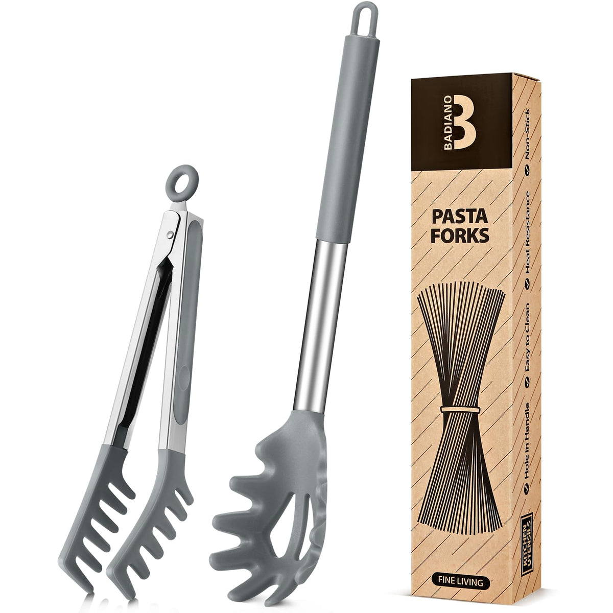 Badiano silicone pasta tong with teeth for effortless spaghetti pickup and serving.