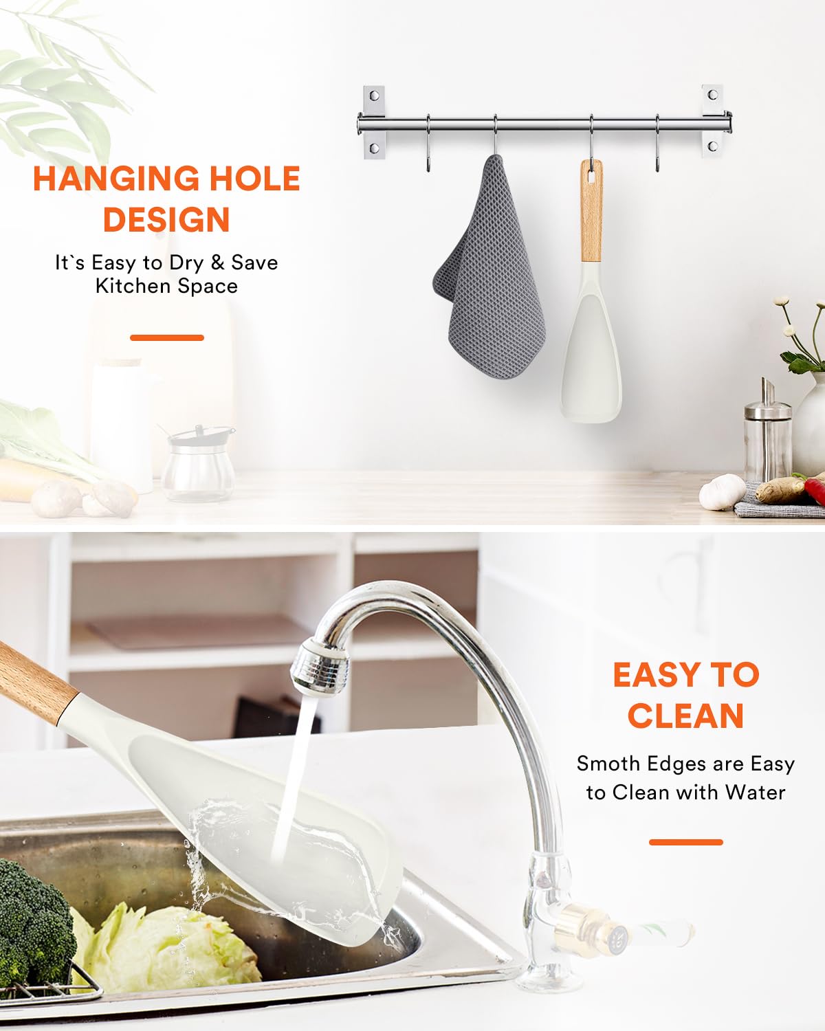 Badiano easy-clean silicone spoon, rinse-and-go cleanup after cooking.