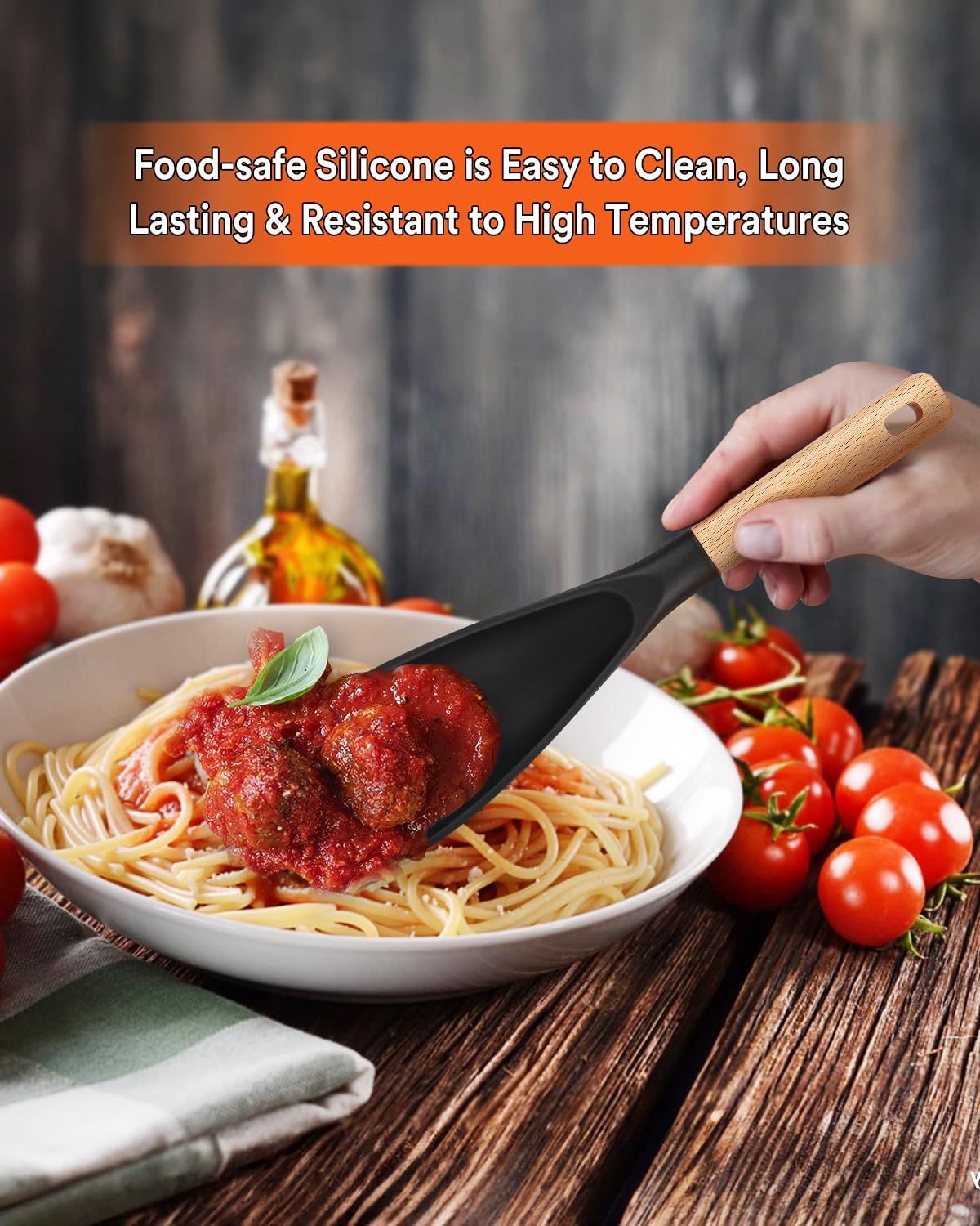 Badiano silicone spoon with ergonomic grip reduces wrist fatigue during cooking.