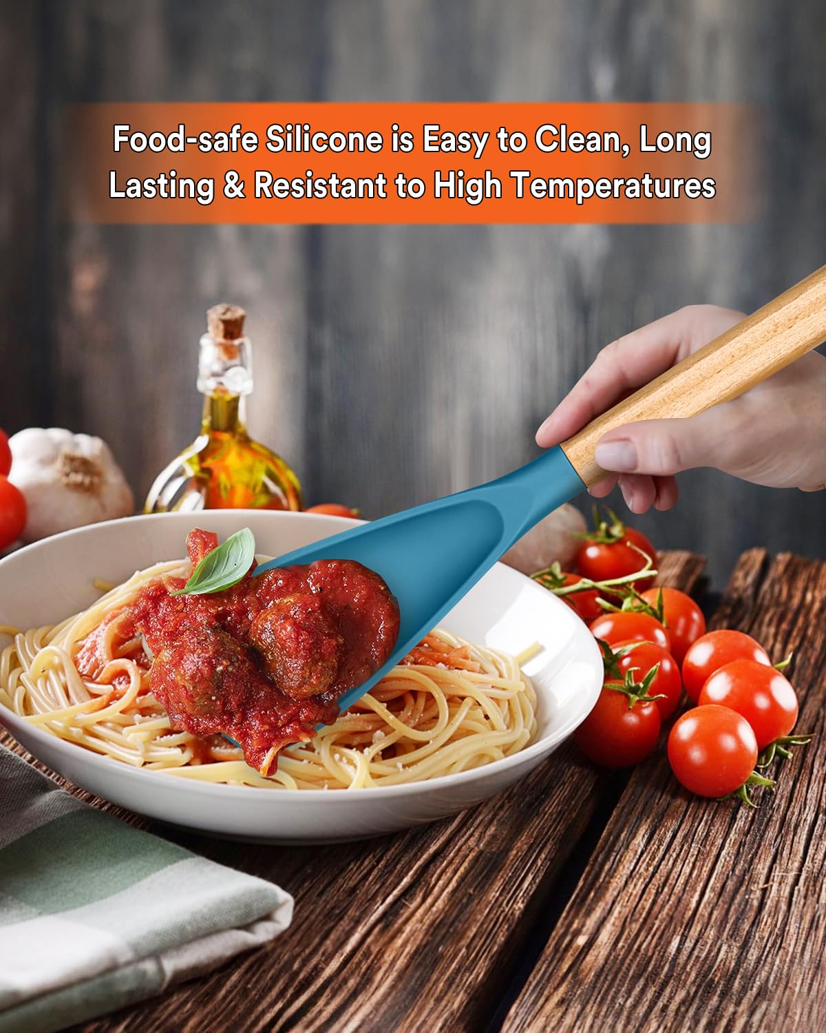 Badiano turquoise spatula spoon with wood handle for comfortable grip during long cooks.