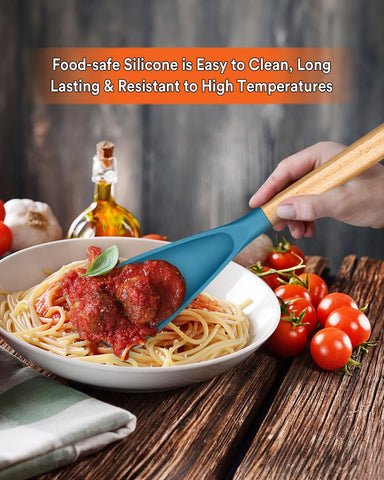 Badiano turquoise spatula spoon with wood handle for comfortable grip during long cooks.