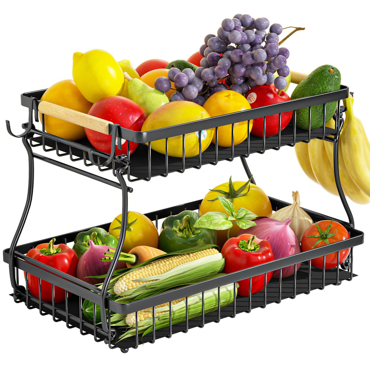 baecel 2-tier fruit basket with banana hangers keeps fruit organized and accessible