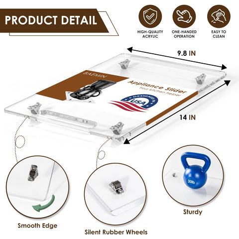 Clear acrylic tray shown with under-cabinet use and visible cords