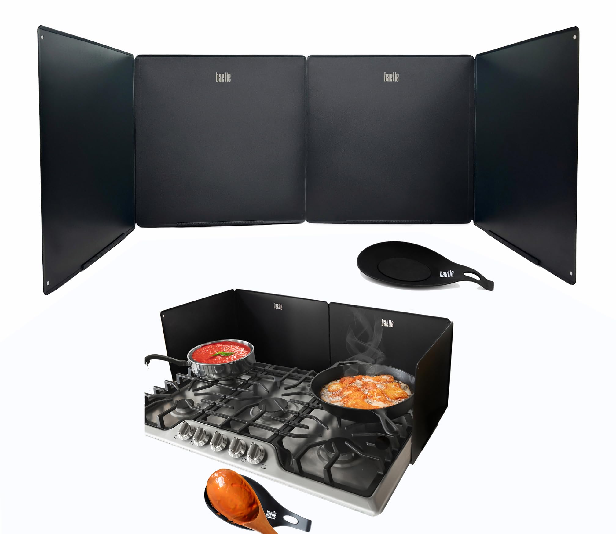 Baetle large splatter guard back panel covers 29.5 inches for full stovetop protection.
