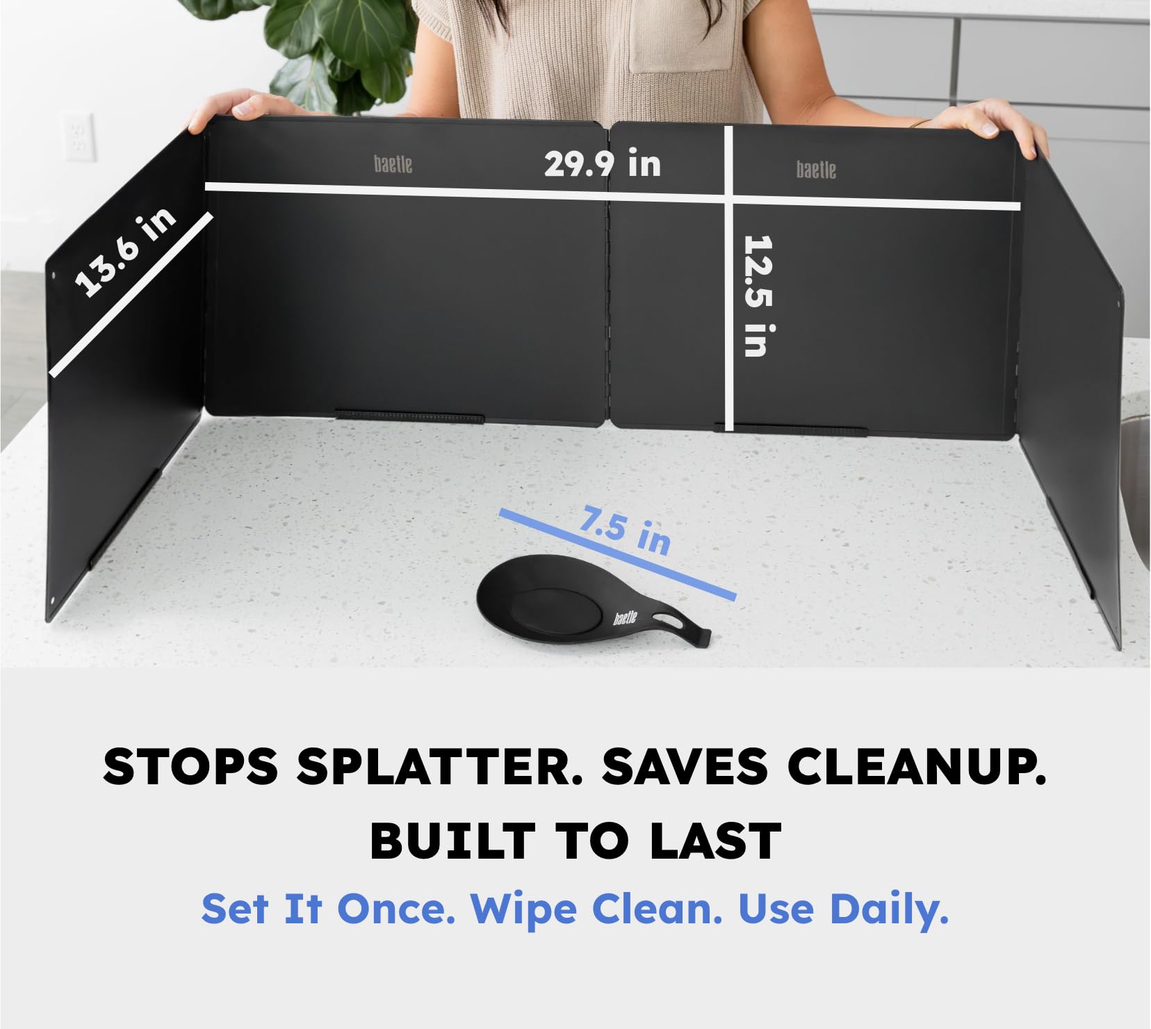 Baetle stainless steel with a black powder finish resists heat and cleans easily.