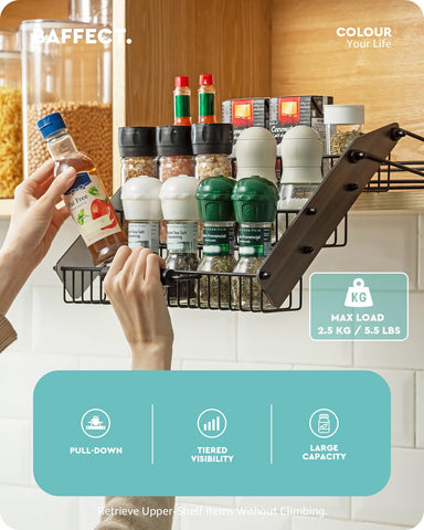 Baffect drop-down spice shelf with spring buffer for effortless lowering.