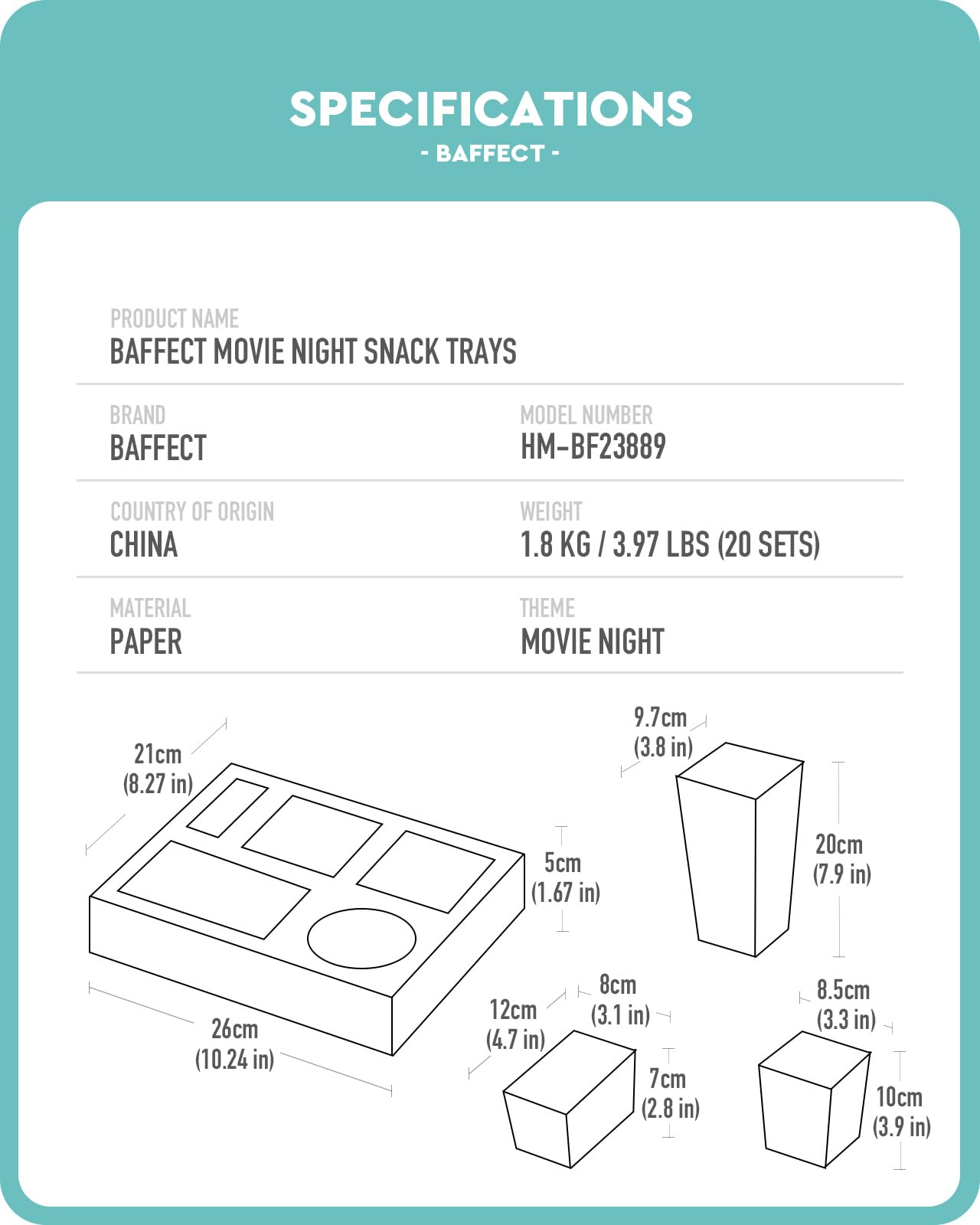Baffect folded snack tray assembly shows five-compartment design