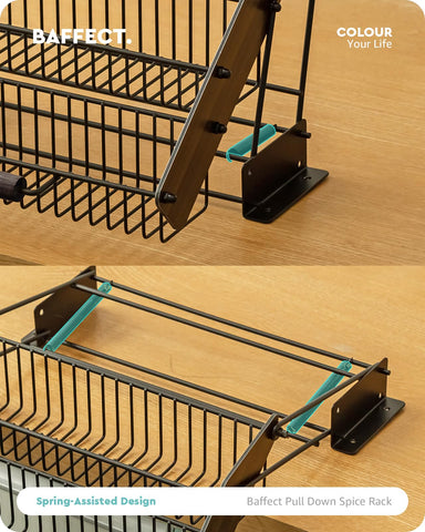Baffect metal frame spice rack with dark wood handles for durable storage.
