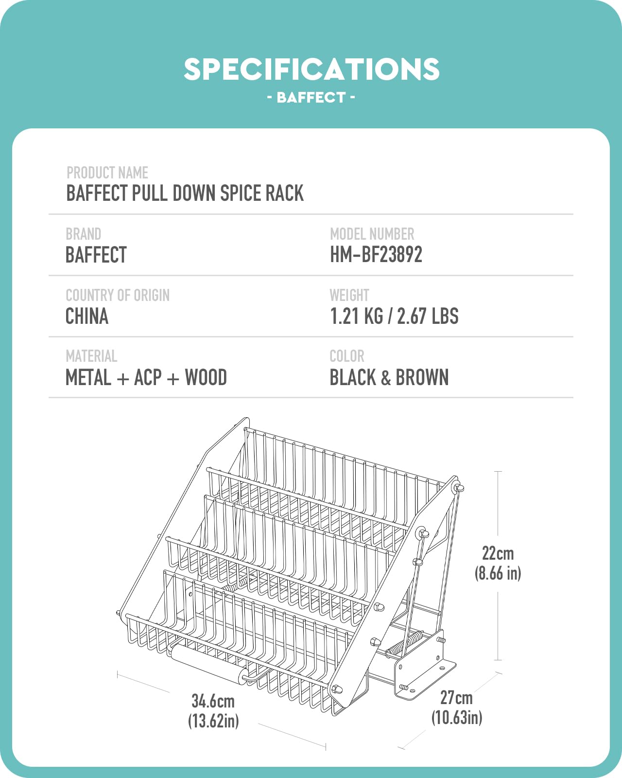 Baffect pull-out spice organizer for upper cabinets with smooth access.