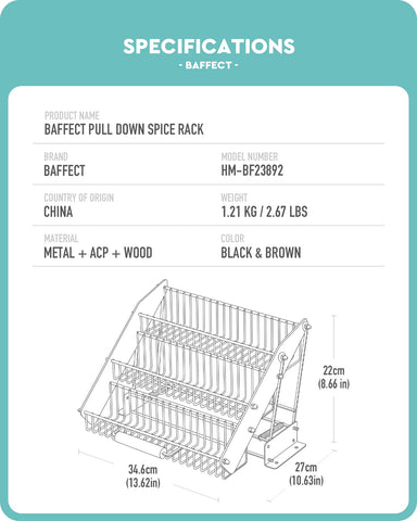 Baffect pull-out spice organizer for upper cabinets with smooth access.