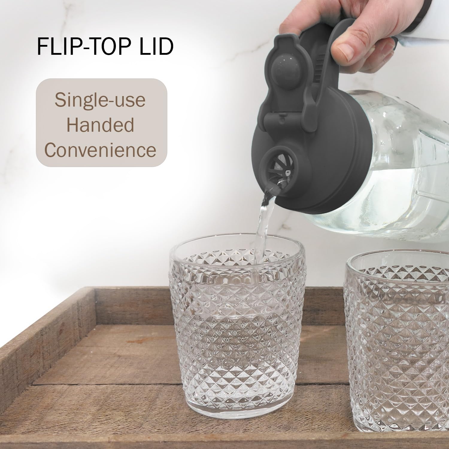 Baflan Mason Jar Pitcher flip-top lid with built-in filter for smooth pours.