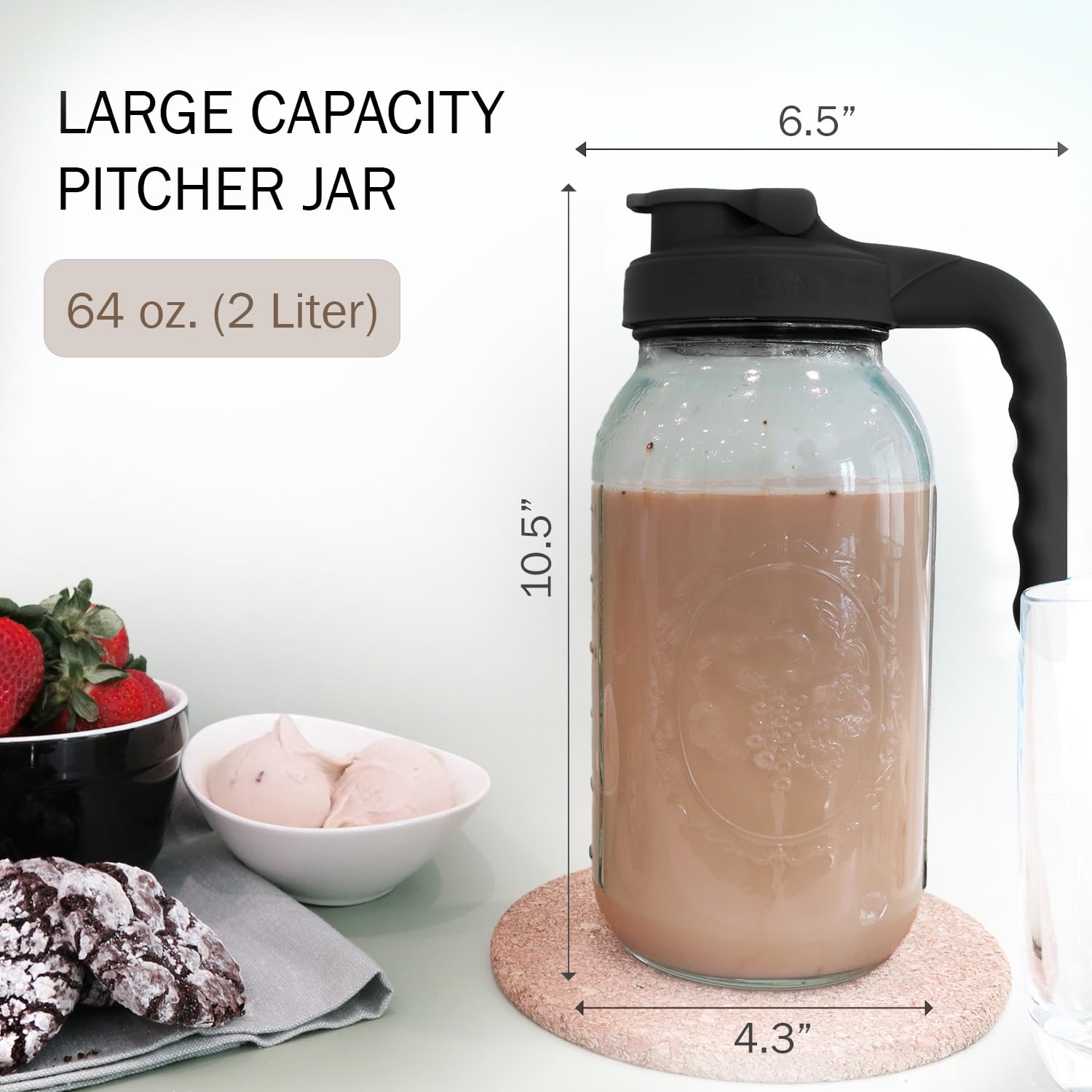 Baflan Mason Jar Pitcher featuring pour spout lid to prevent spills.