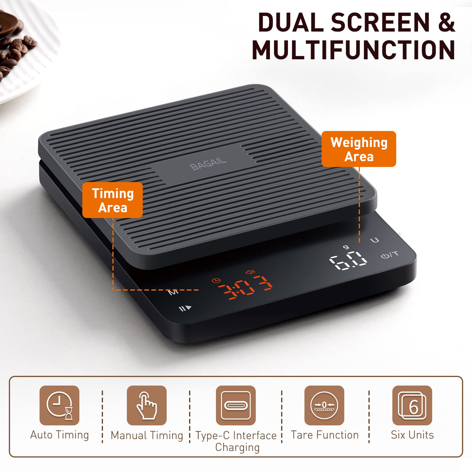 BAGAIL BASICS coffee scale digital display shows quick, accurate readings.