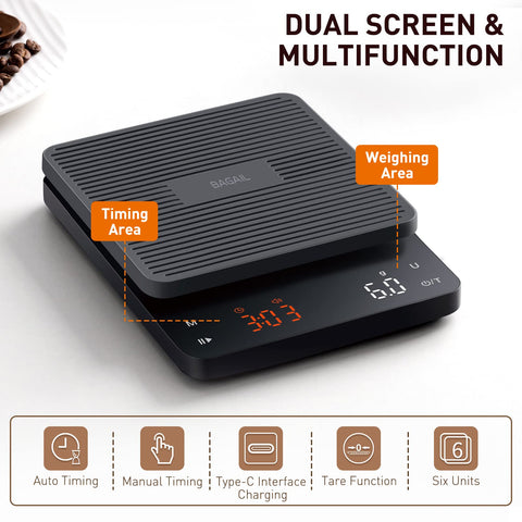 BAGAIL BASICS coffee scale digital display shows quick, accurate readings.