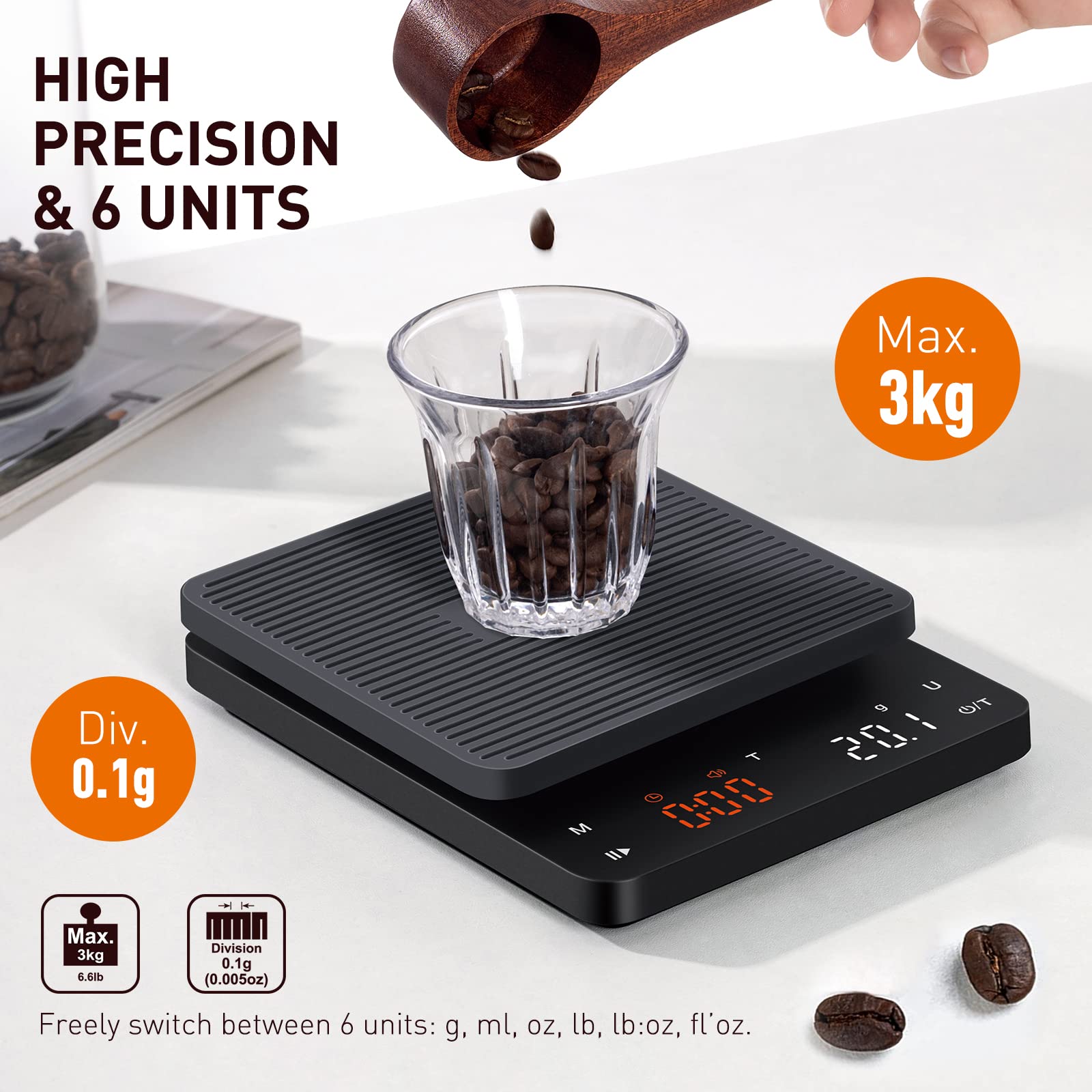 BAGAIL BASICS coffee scale tare function enables easy incremental dosing.
