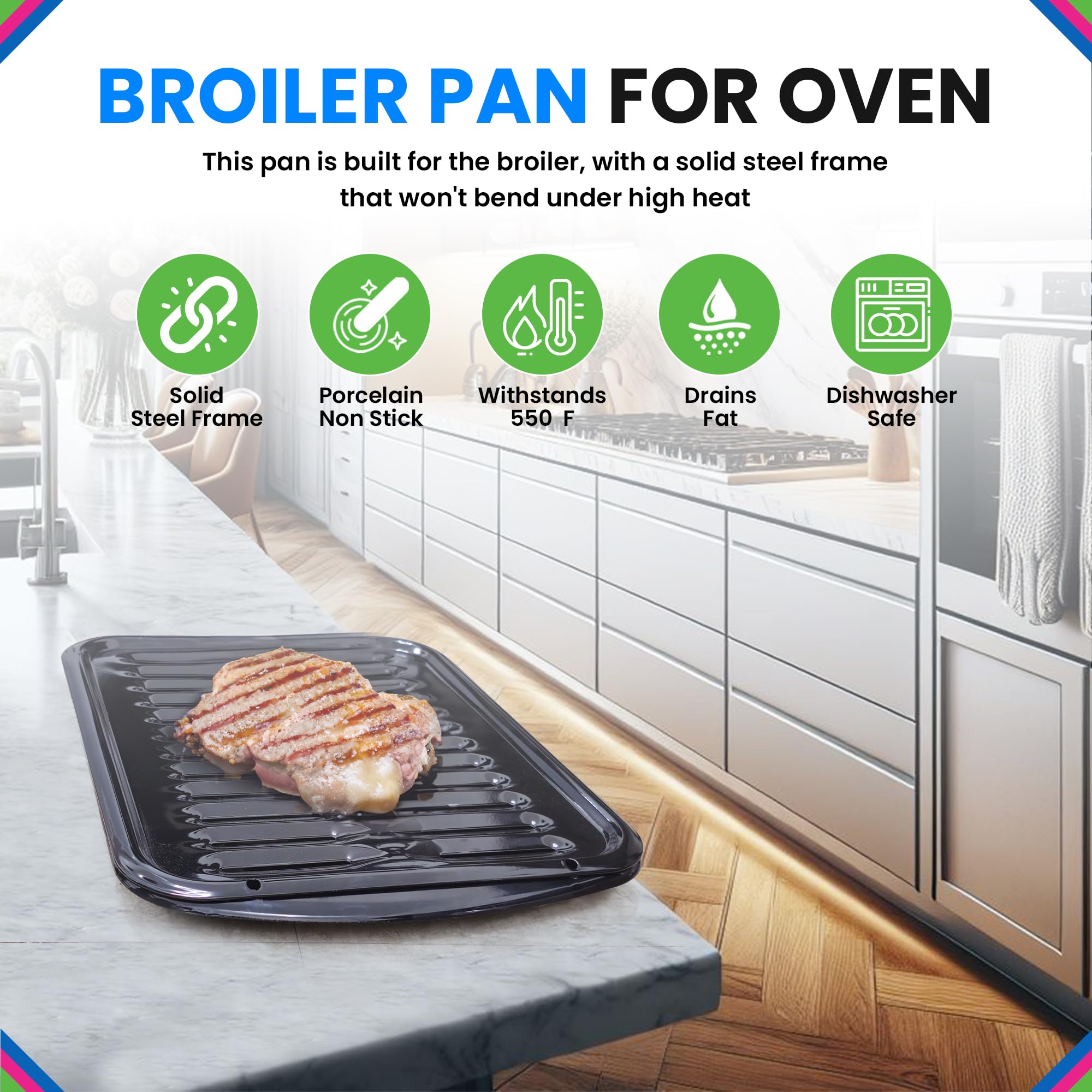 Bagean broiler pan rack captures fat and drains for healthier meals.