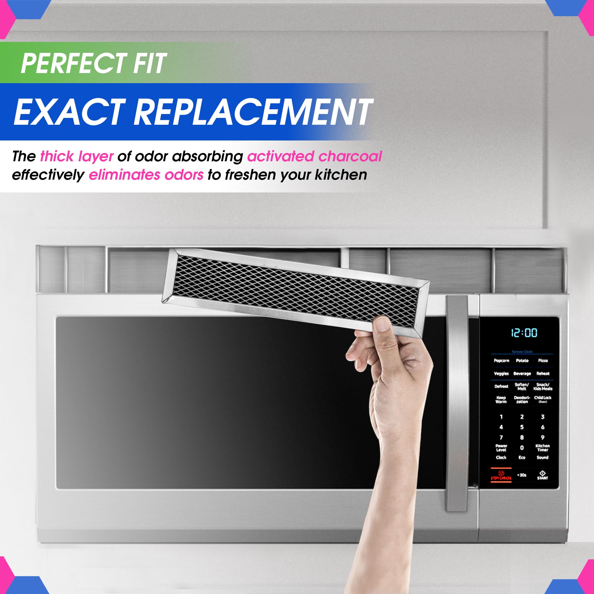 Bagean microwave vent filter, durable design, fits GE and Frigidaire models.