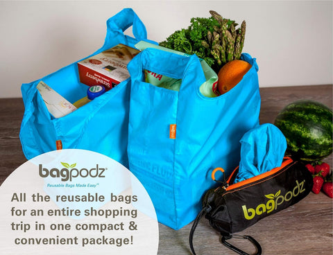 BagPodz washable nylon bags resist spills during shopping.