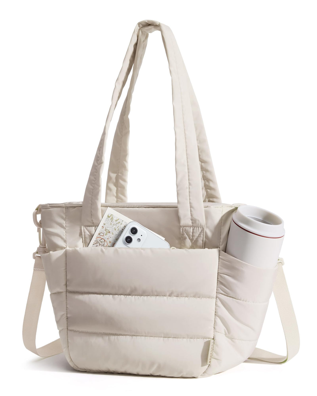 BAGSMART Lunch Bag front view in beige quilted tote for daily meals.