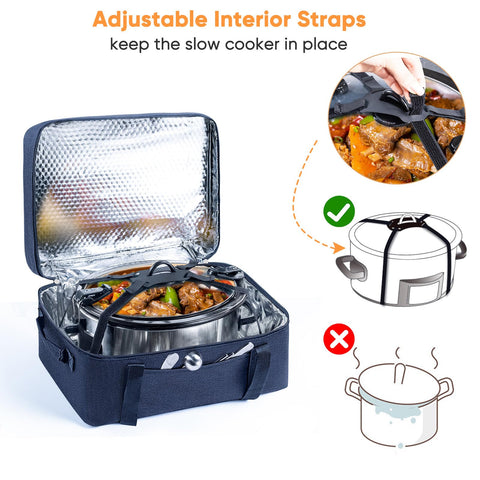 BAGSPRITE adjustable-band travel bag secures the crockpot during transport.